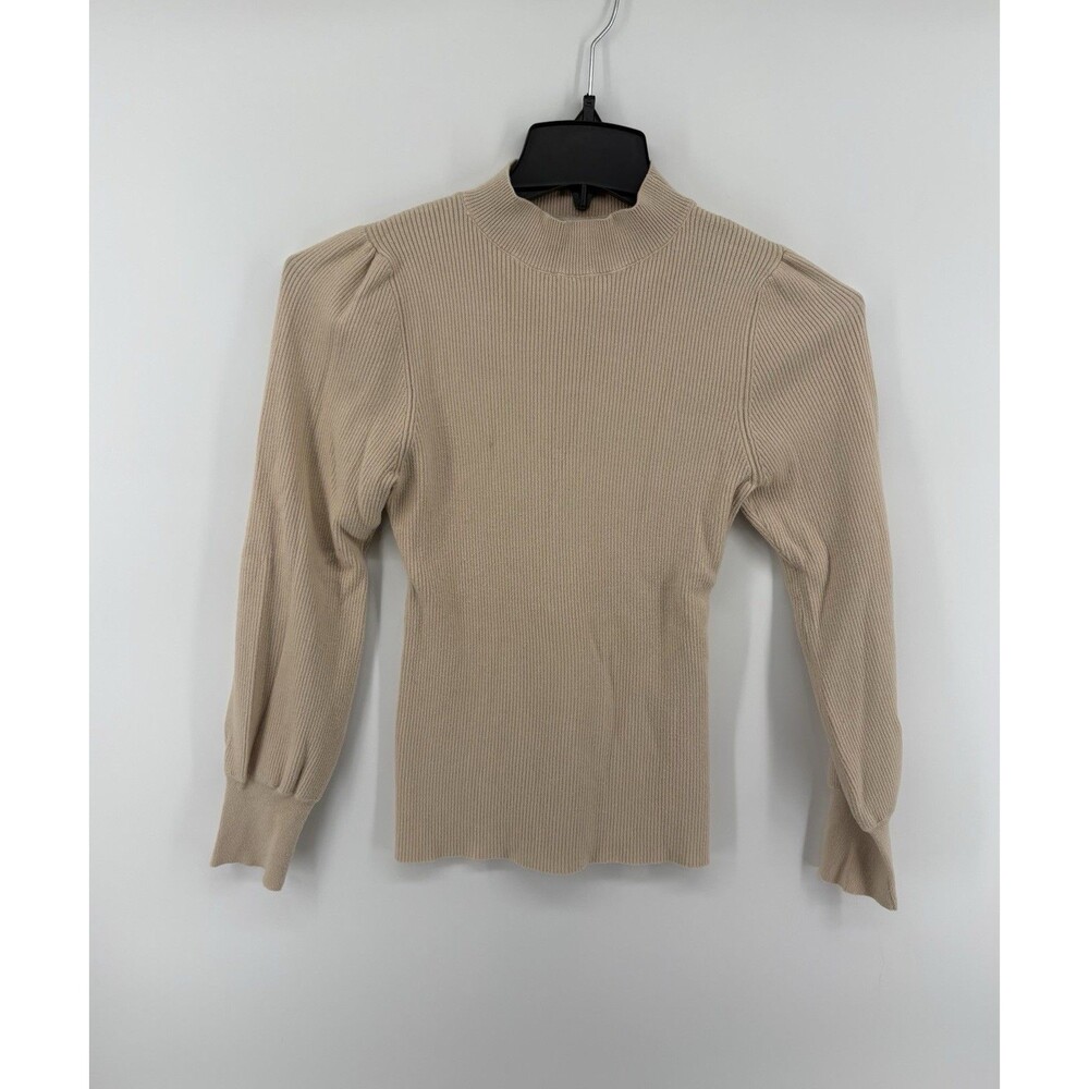 Skies Are Blue Beige Puff Sleeve High Neck Ribbed Sweater Size Small